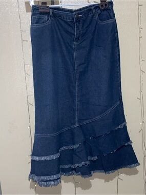 Baccini Dark Blue Denim Tiered Ruffle Maxi Skirt